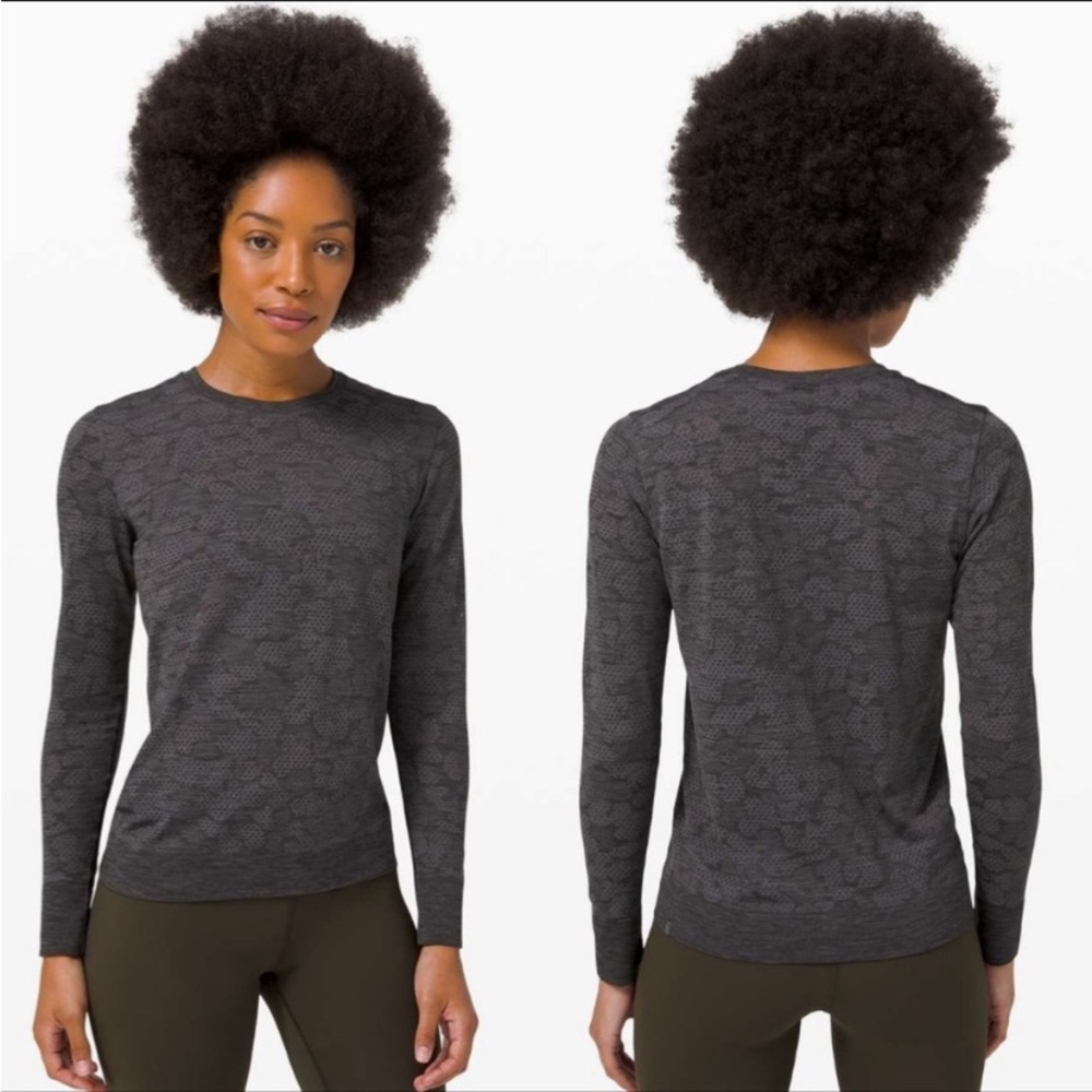 Lululemon size 6 breeze by long sleeve swiftly black gray camo athletic workout